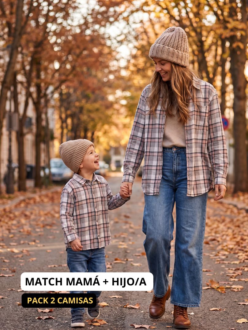 Pack 2 Camisas Franela Mamá + hijo/a | Gris/Rosado 100% Algodón