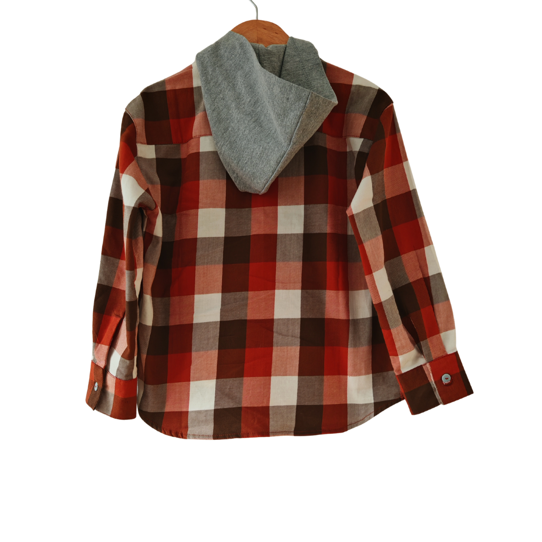 Camisa con capucha niño/a 100% algodón franela cuadros terracota con blanco