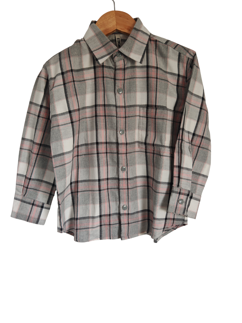 Camisa Franela Infantil Cuadrillé Gris/Rosado | 100% Algodón