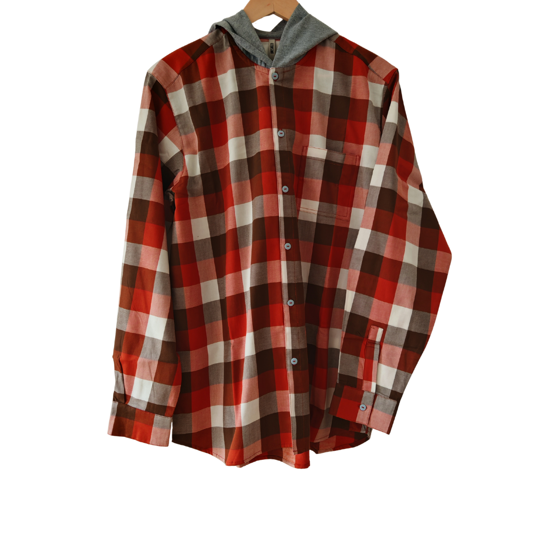 Camisa con capucha Hombre 100% algodón Franela cuadros terracota con blanco