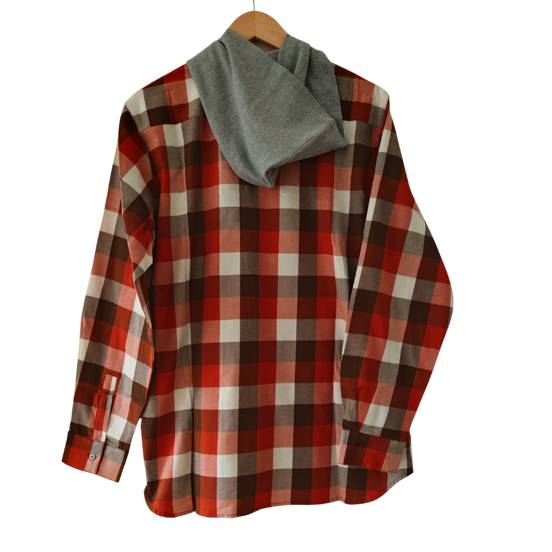 Camisa con capucha Hombre 100% algodón Franela cuadros terracota con blanco