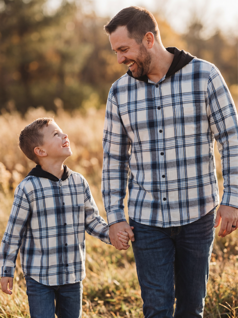Pack 2 Camisas Franela con capucha Papá + hijo/a | Azul con blanco 100% Algodón