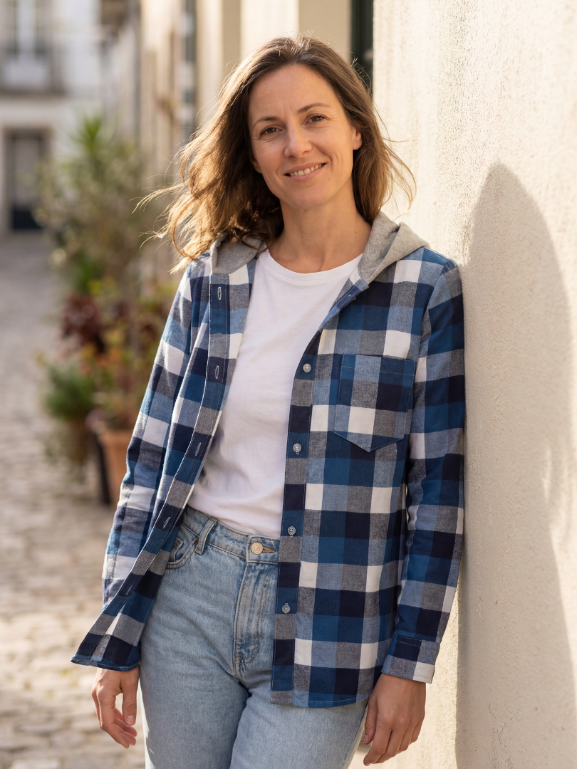Camisa con capucha Mujer 100% algodón Franela cuadros azul con blanco