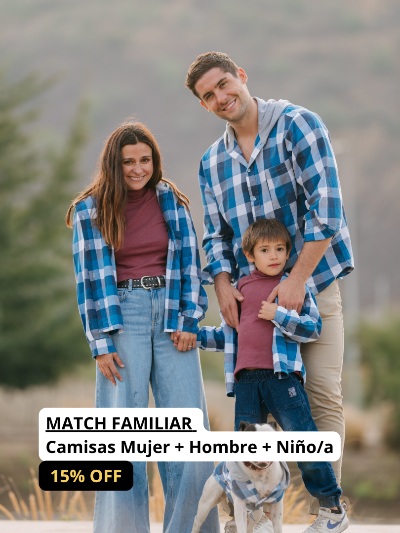 Pack 3 Camisas Franela Papá + Mamá + hijo/a | Cuadrillé Azul con Capucha | 100% Algodón