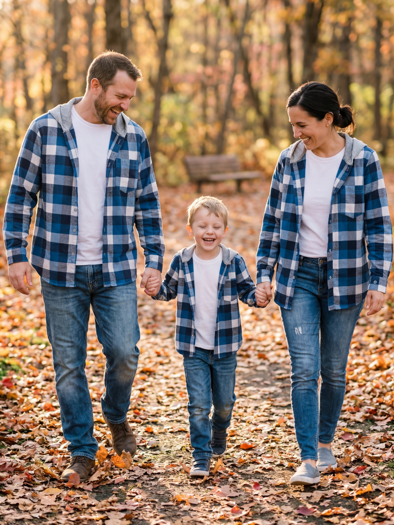 Pack 3 Camisas Franela Papá + Mamá + hijo/a | Cuadrillé Azul con Capucha | 100% Algodón