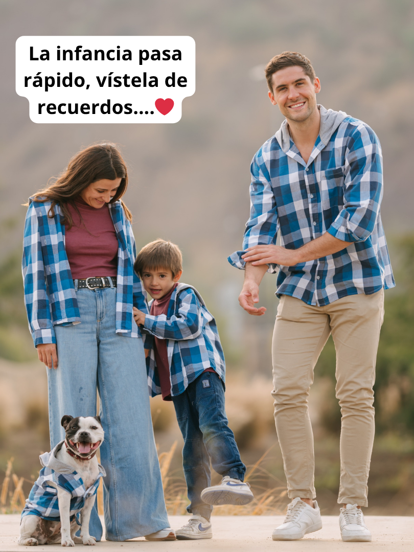 Pack 3 Camisas Franela Papá + Mamá + hijo/a | Cuadrillé Azul con Capucha | 100% Algodón