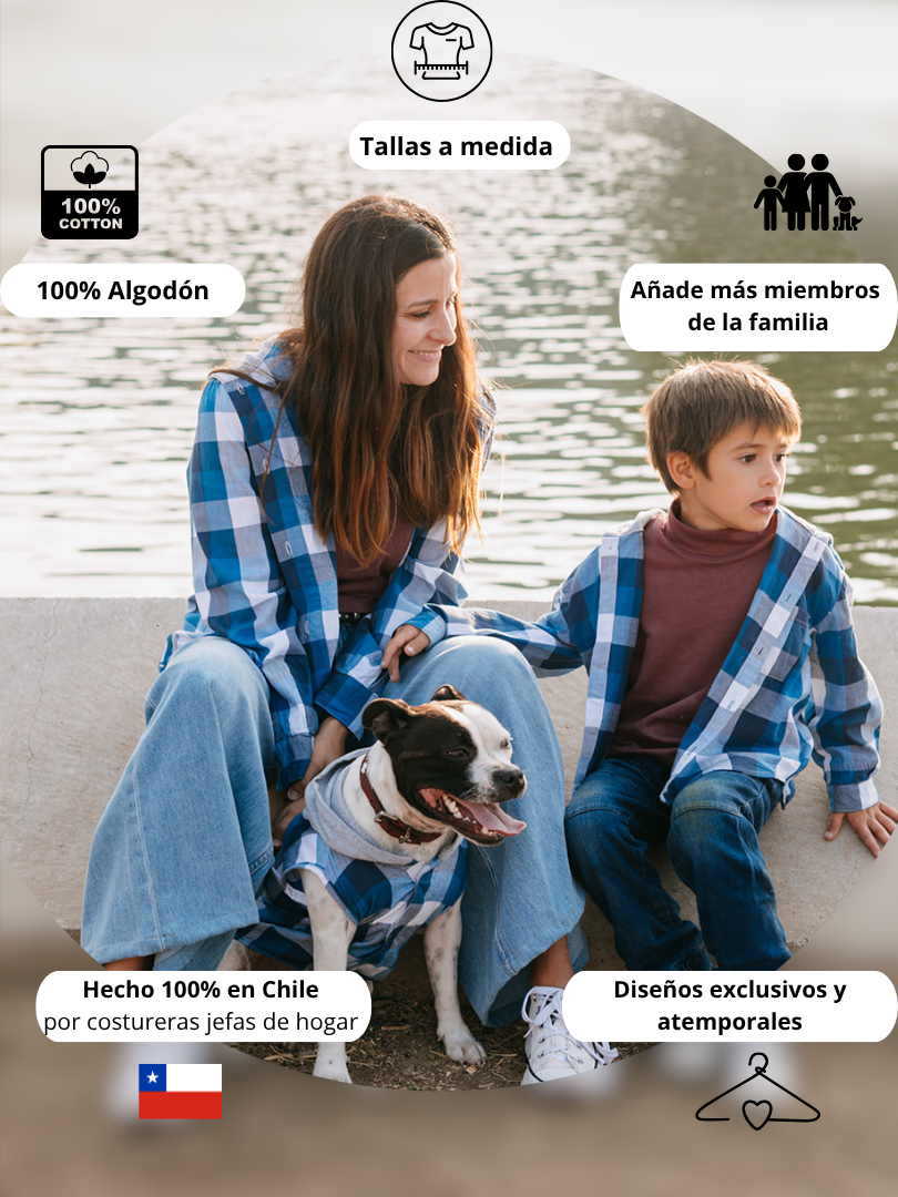 Pack 3 Camisas Franela Papá + Mamá + hijo/a | Cuadrillé Azul con Capucha | 100% Algodón