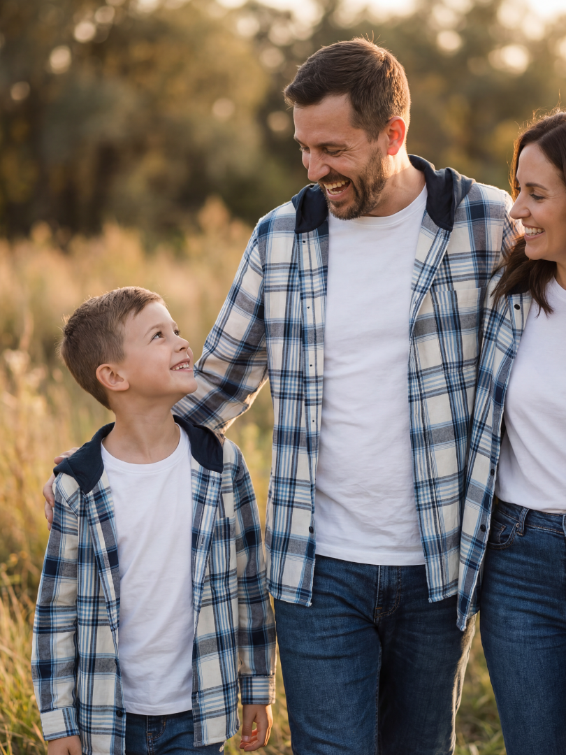 Pack 3 Camisas Franela con capucha Papá + Mamá + hijo/a | Azul con blanco 100% Algodón