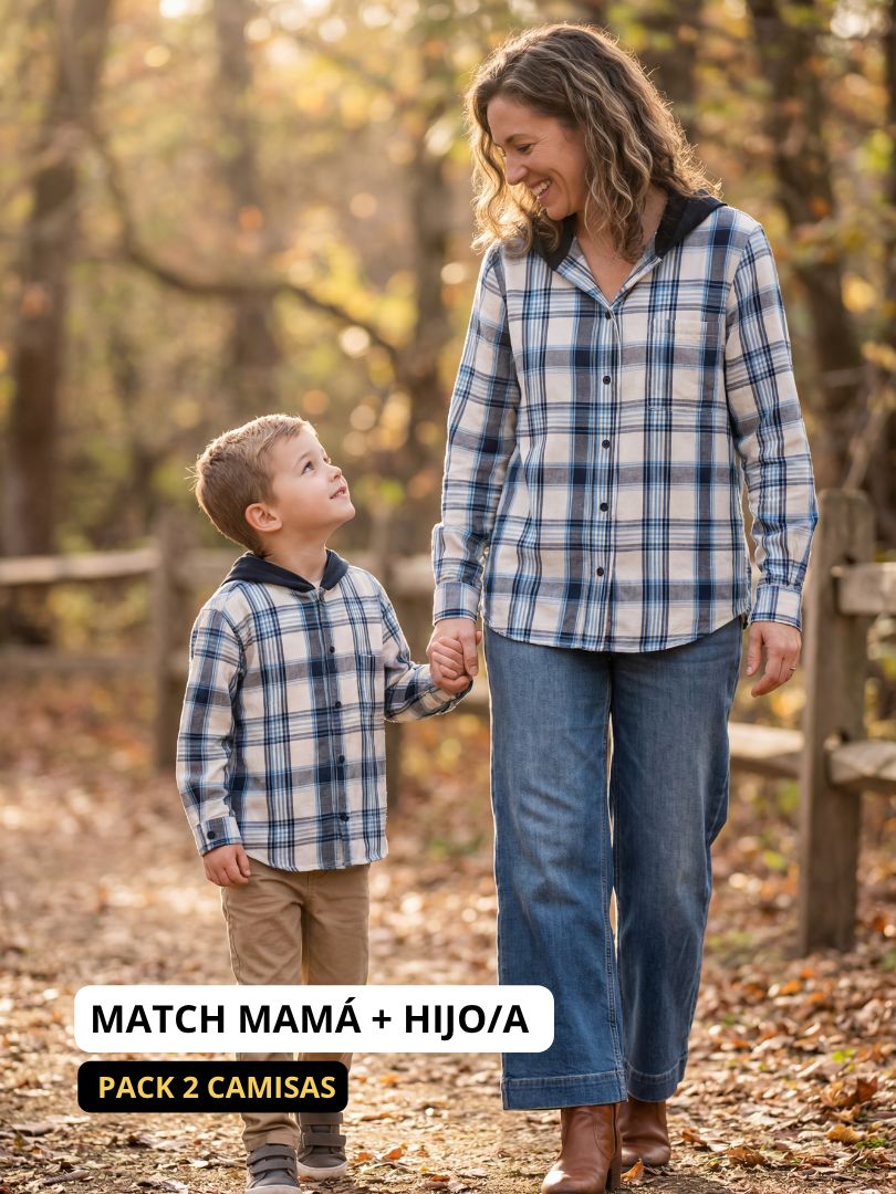 Pack 2 Camisas Franela Mamá + hijo/a | Cuadrillé Azul con Capucha | 100% Algodón