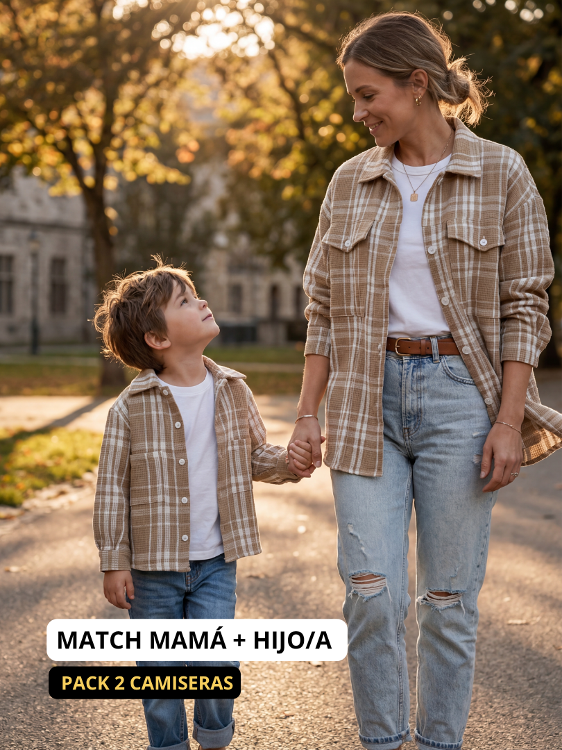 Pack 2 Camiseras Mamá + hijo/a | Cuadrillé Beige/blanco | 100% Algodón