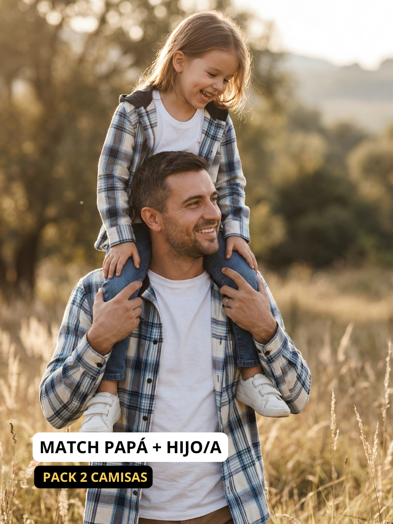 Pack 2 Camisas Franela con capucha Papá + hijo/a | Azul con blanco 100% Algodón