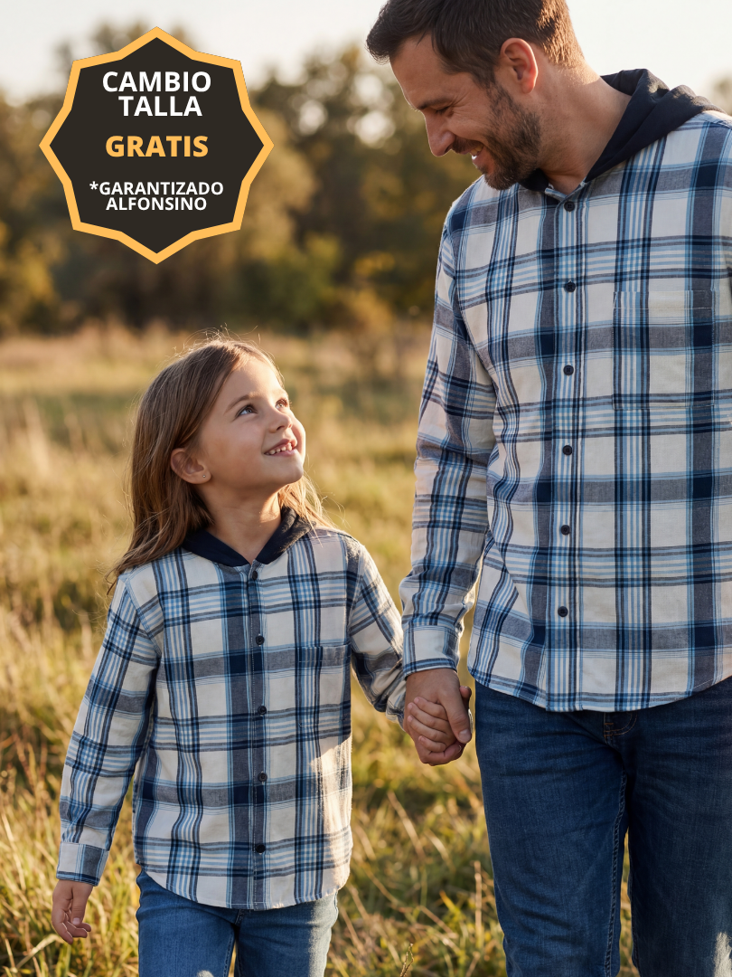 Pack 2 Camisas Franela con capucha Papá + hijo/a | Azul con blanco 100% Algodón