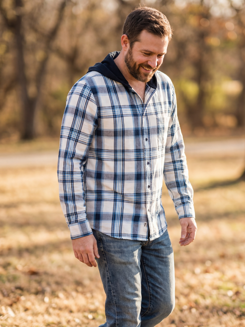 Camisa Franela Hombre con Capucha Cuadrillé Azul | 100% Algodón