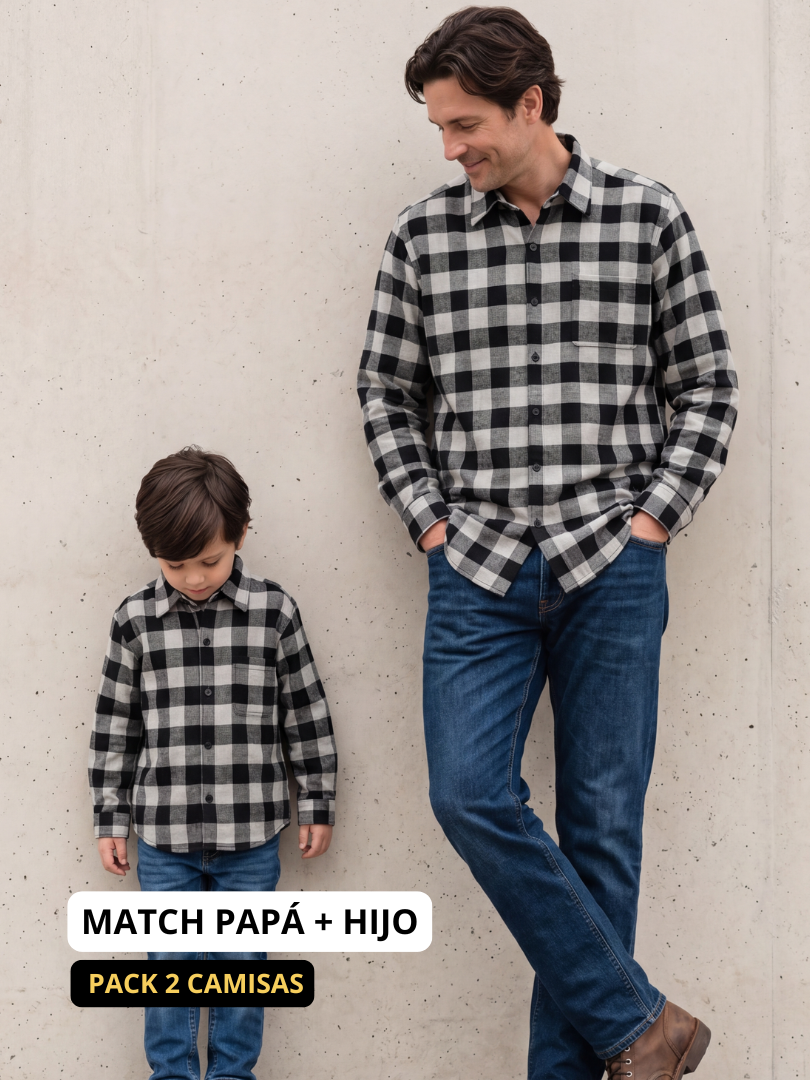 Pack 2 Camisas Franela Papá + hijo | Negro/Gris 100% Algodón