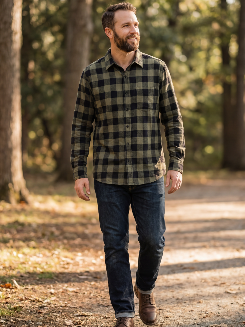 Camisa Franela Hombre | Negro/Verde 100% Algodón