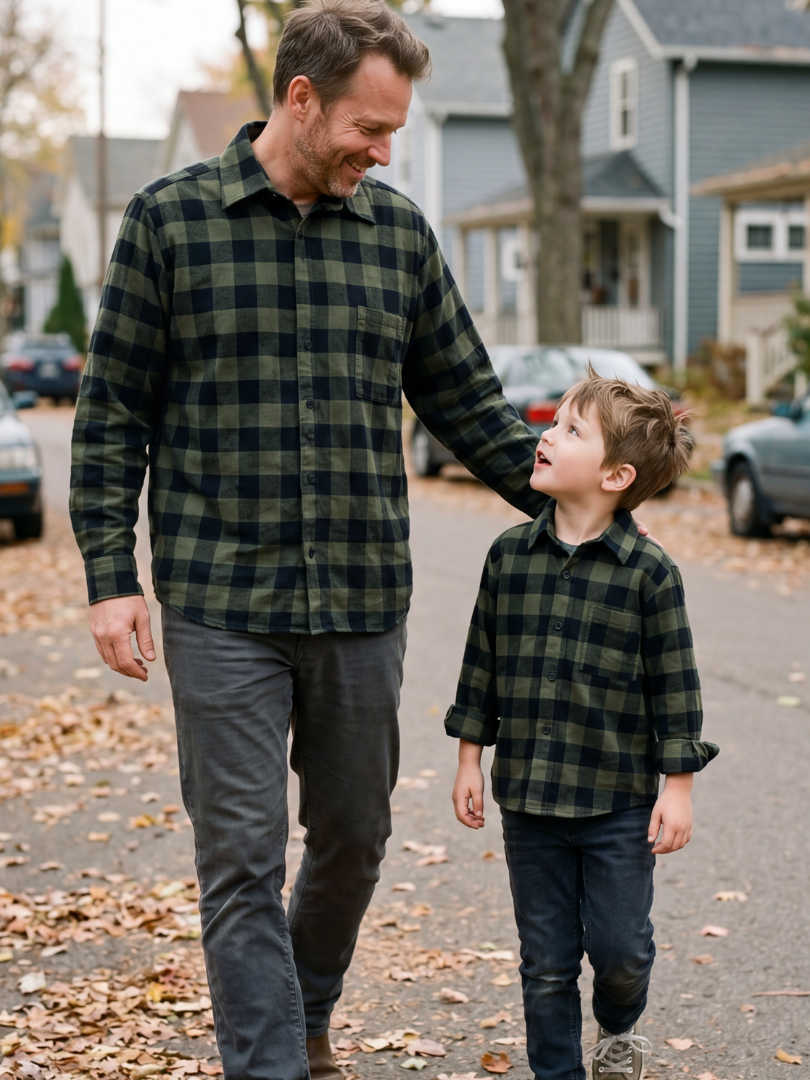 Pack 2 Camisas Franela Papá + hijo | Negro/verde 100% Algodón