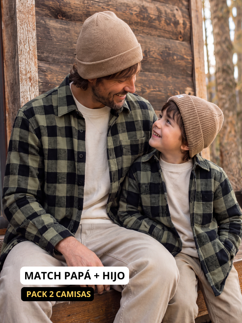 Pack 2 Camisas Franela Papá + hijo | Negro/verde 100% Algodón
