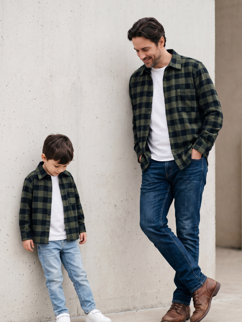 Pack 2 Camisas Franela Papá + hijo | Negro/verde 100% Algodón