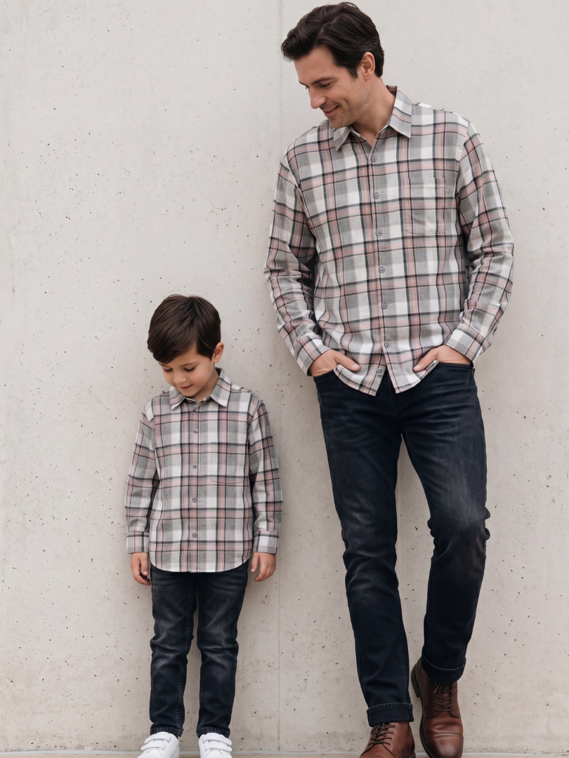 Pack 2 Camisas Franela Papá + hijo/a | Gris/Rosado 100% Algodón