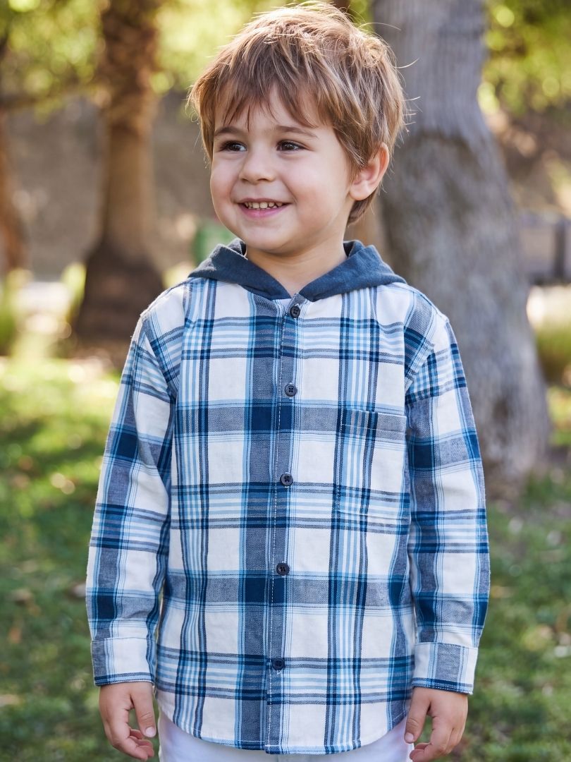 Camisa Franela infantil con capucha Azul con blanco 100% Algodón