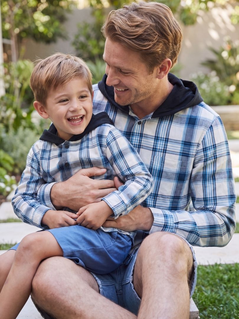 Pack 2 Camisas Franela con capucha Papá + hijo Azul con blanco 100% Algodón