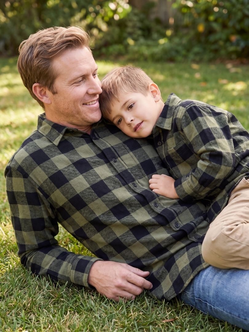 Pack 2 Camisas Franela Papá + hijo Negro/verde 100% Algodón