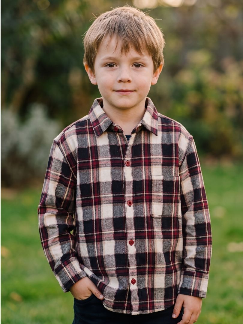 Camisa Franela Infantil Burdeo/Beige 100% Algodón