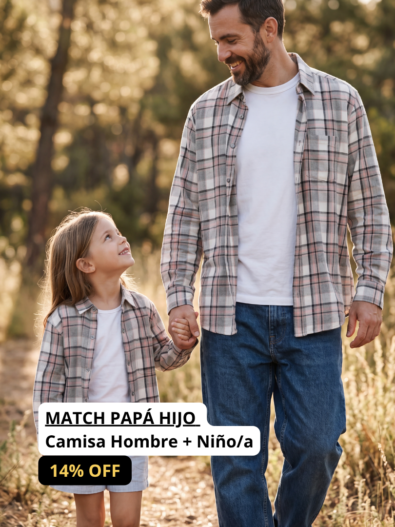 Pack 2 Camisas Franela Papá + hijo/a | Cuadrillé Gris/Rosado | 100% Algodón