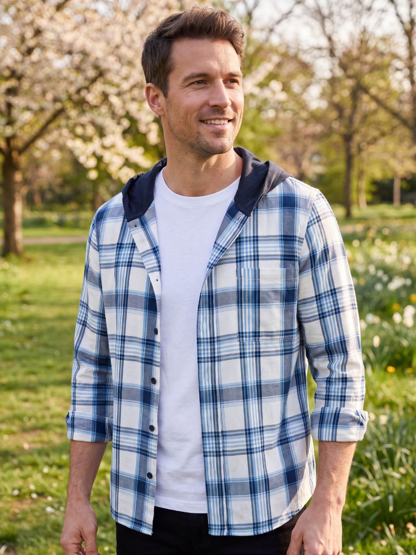 Camisa Franela Hombre con Capucha Azul con blanco 100% Algodón