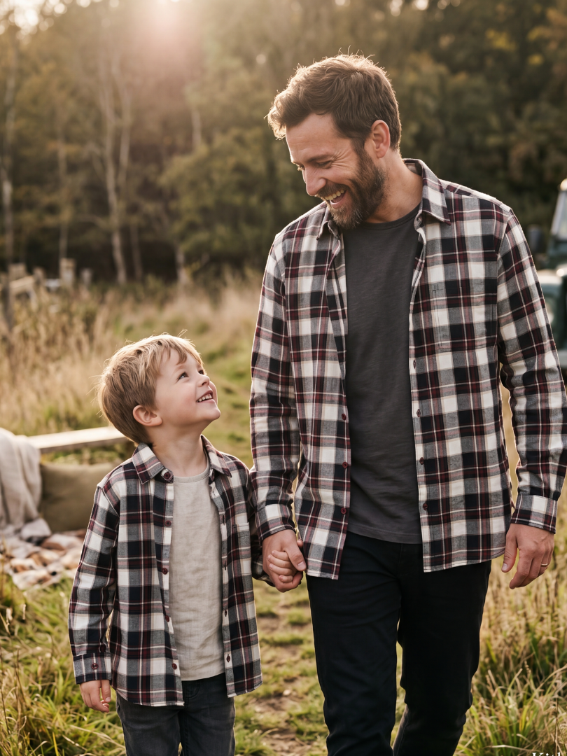 Pack 2 Camisas Franela Papá + hijo/a | Cuadrillé Burdeo/Beige | 100% Algodón