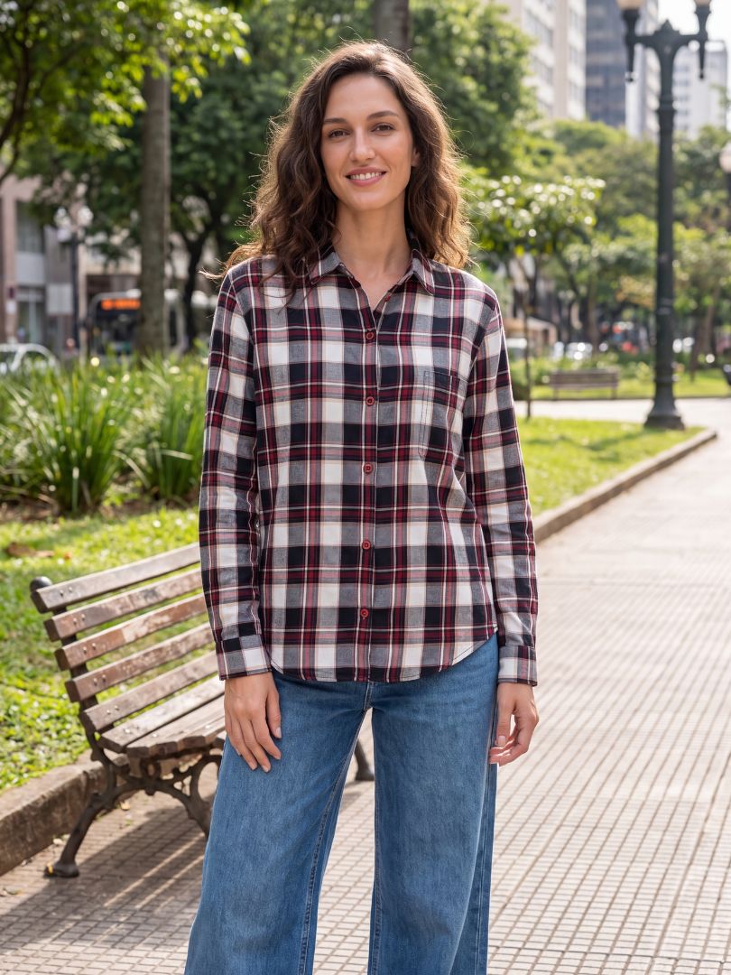 Camisa Franela Mujer Burdeo/Beige 100% Algodón