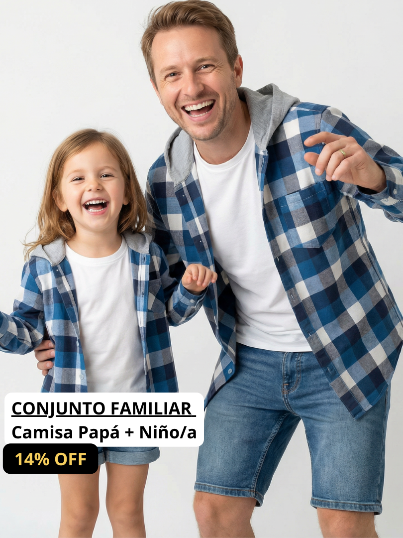 Pack 2 Camisas con capucha Papá + hijo/a cuadros azul con blanco