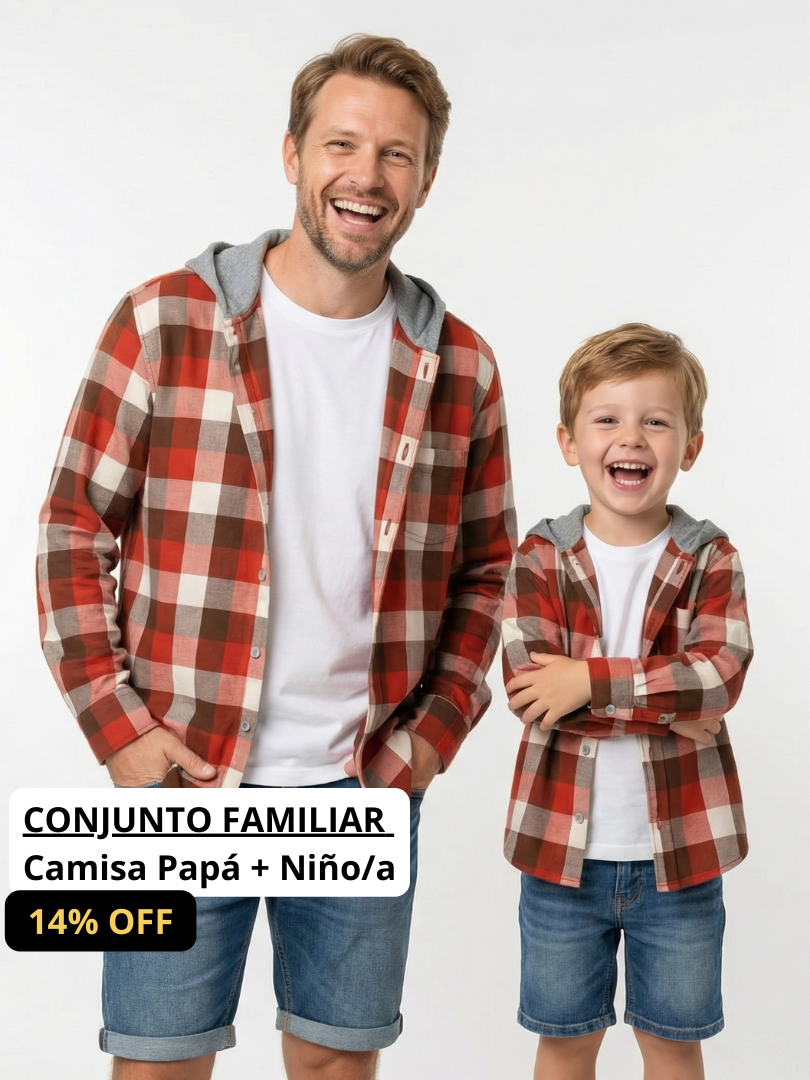 Pack 2 Camisas con capucha Papá + hijo/a cuadros terracota con blanco