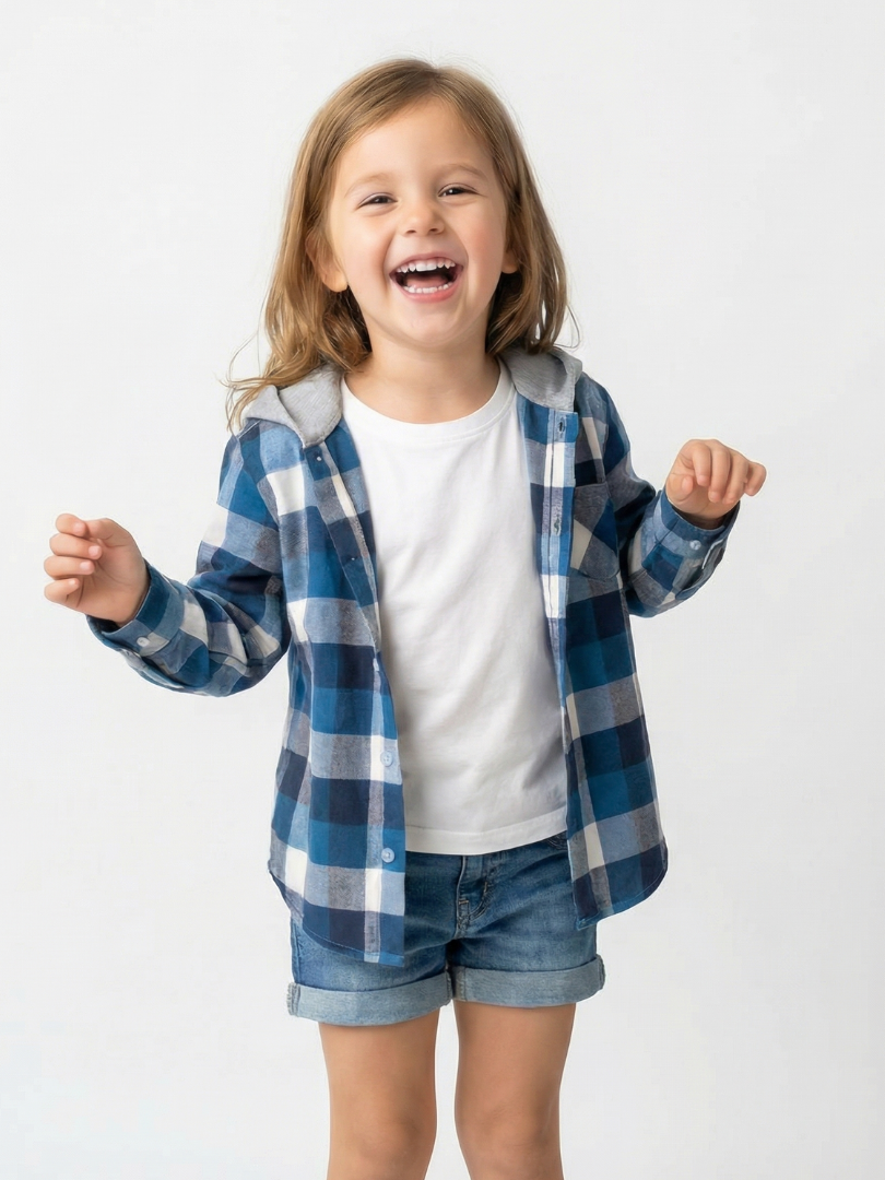 Camisa con capucha niño/a 100% algodón Franela cuadros azul con blanco