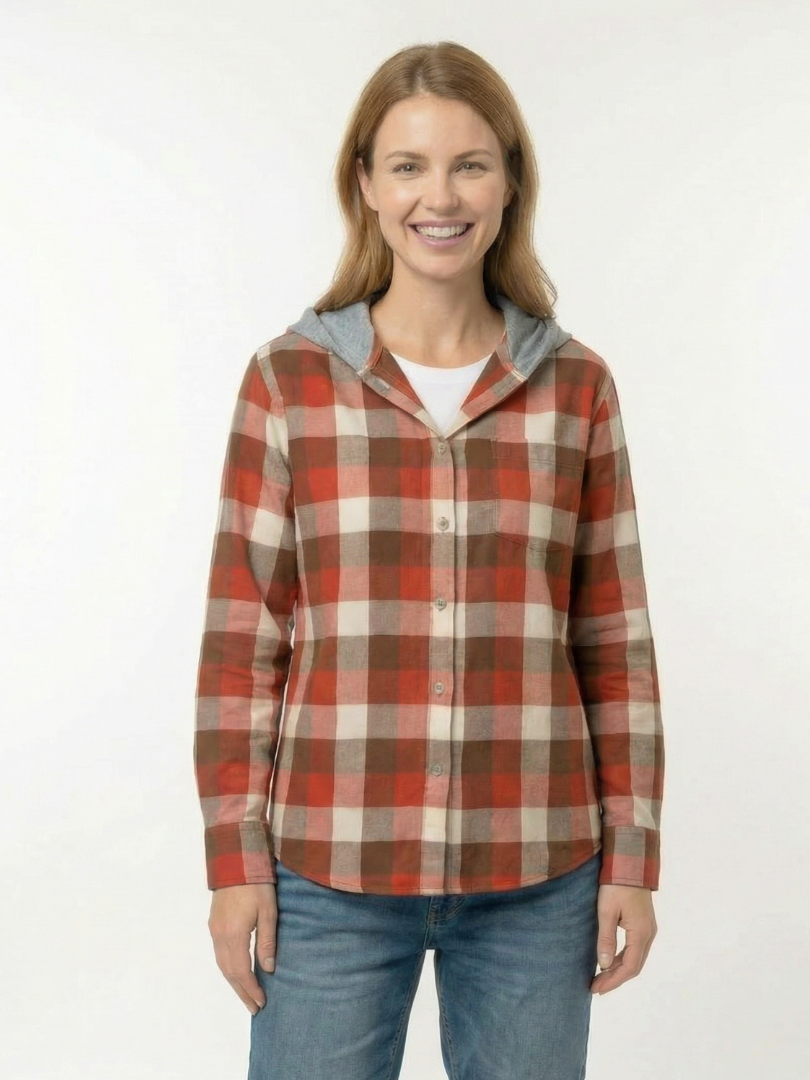 Camisa con capucha Mujer 100% algodón franela cuadros terracota con blanco