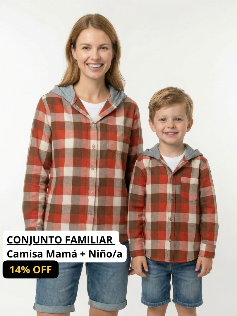 Pack 2 Camisas con capucha Mamá + hijo/a cuadros terracota con blanco