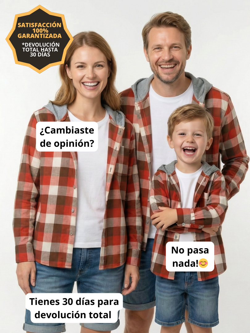 Pack 2 Camisas con capucha Mamá + hijo/a cuadros terracota con blanco