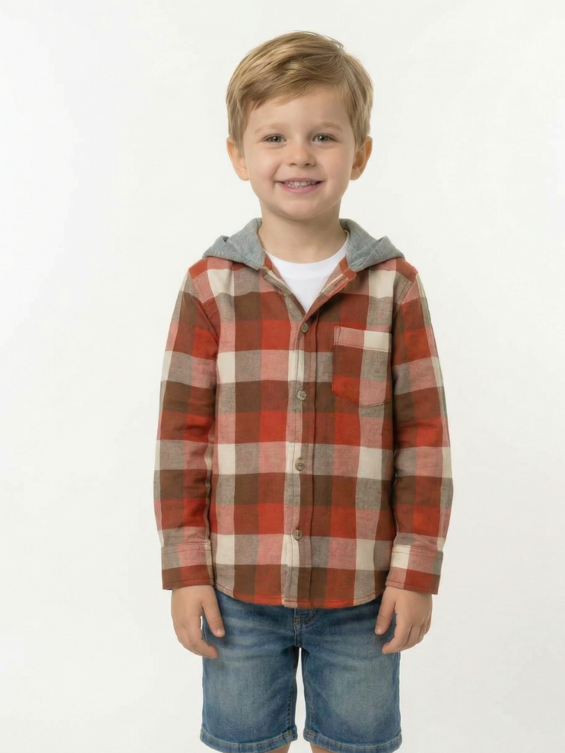 Camisa con capucha niño/a 100% algodón franela cuadros terracota con blanco