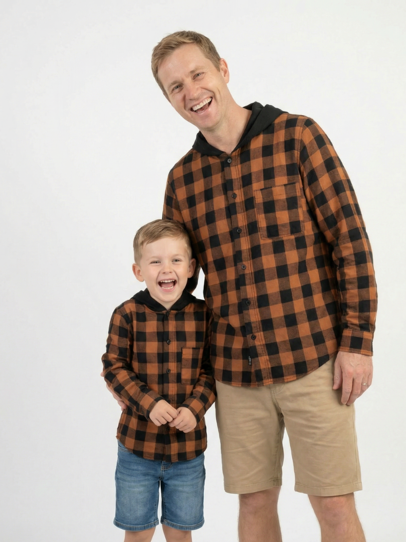 Pack 2 Camisas Gustavo Papá + hijo/a cuadros café con negro