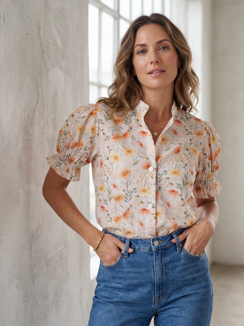 Blusa mujer Flores cuello Mao 100% Viscosa