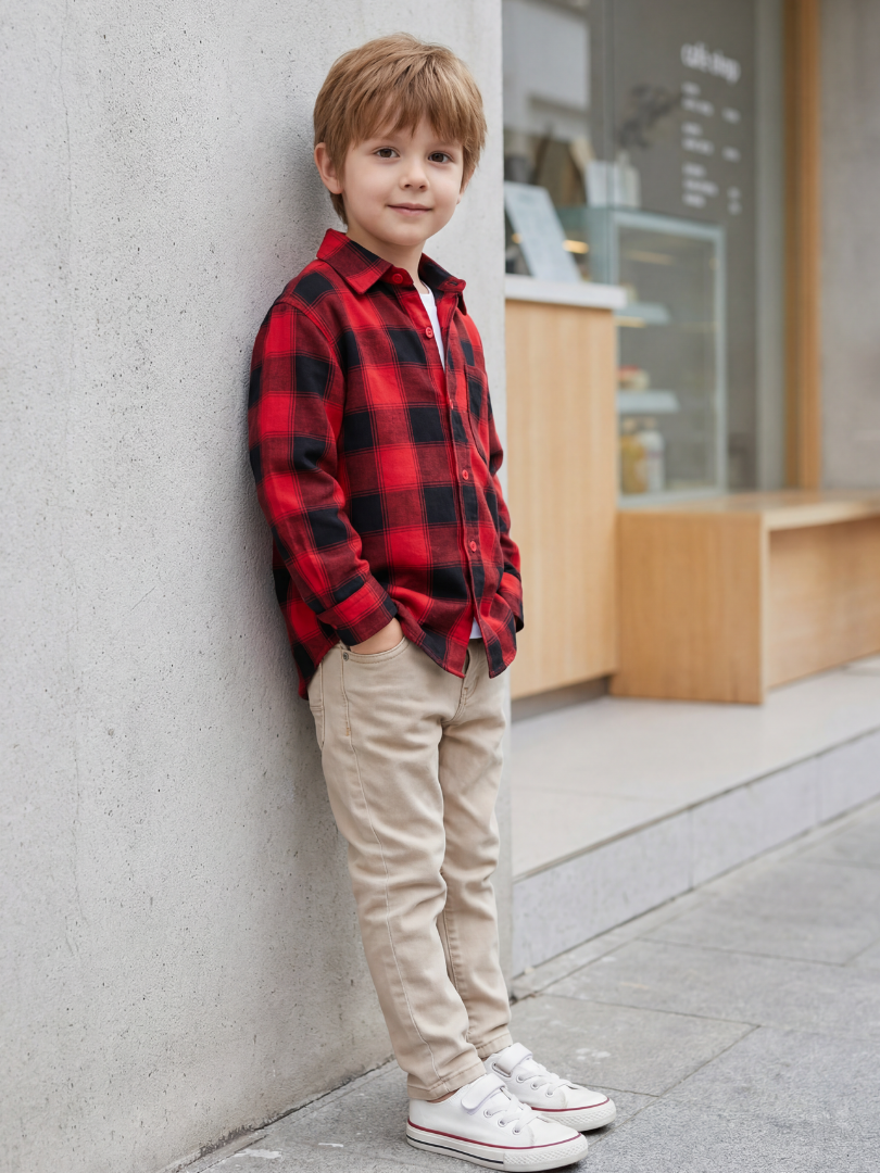 Camisa niño Franela Aurelio cuadros rojo con negro