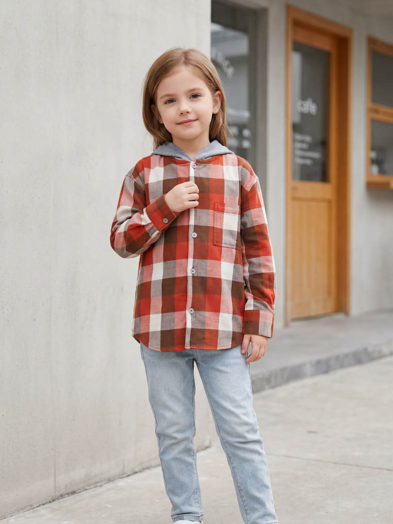 Camisa con capucha niño/a 100% algodón franela cuadros terracota con blanco