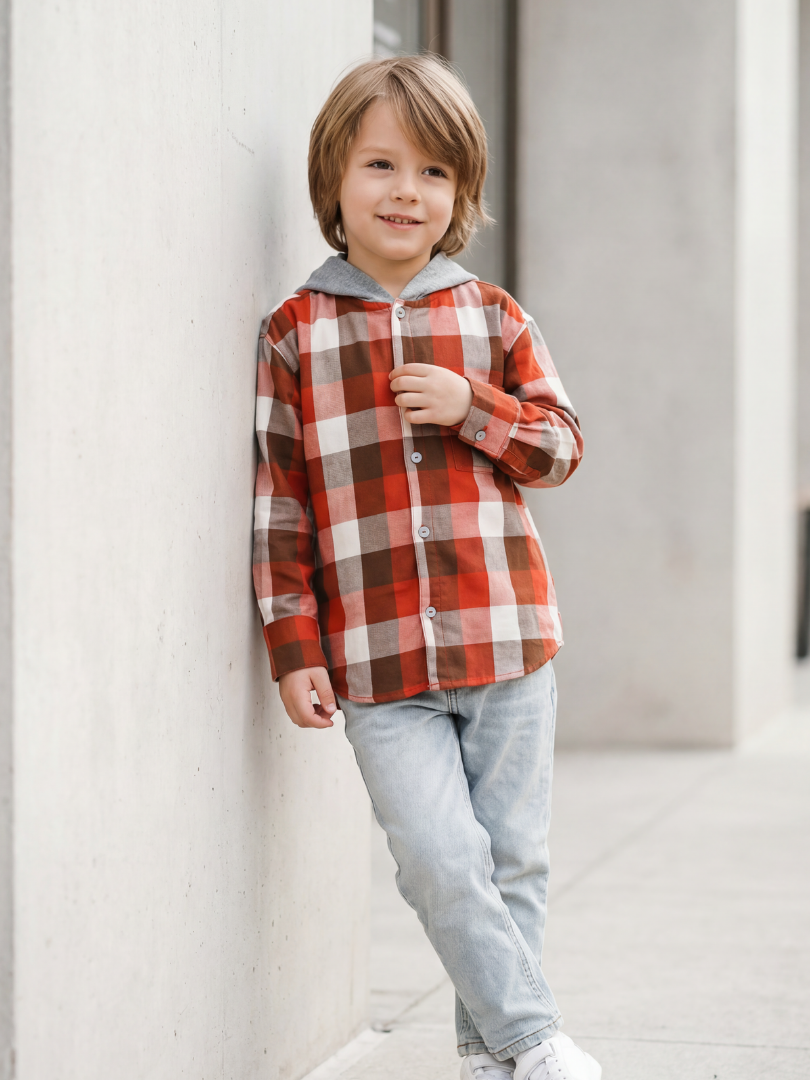 Camisa con capucha niño/a 100% algodón franela cuadros terracota con blanco