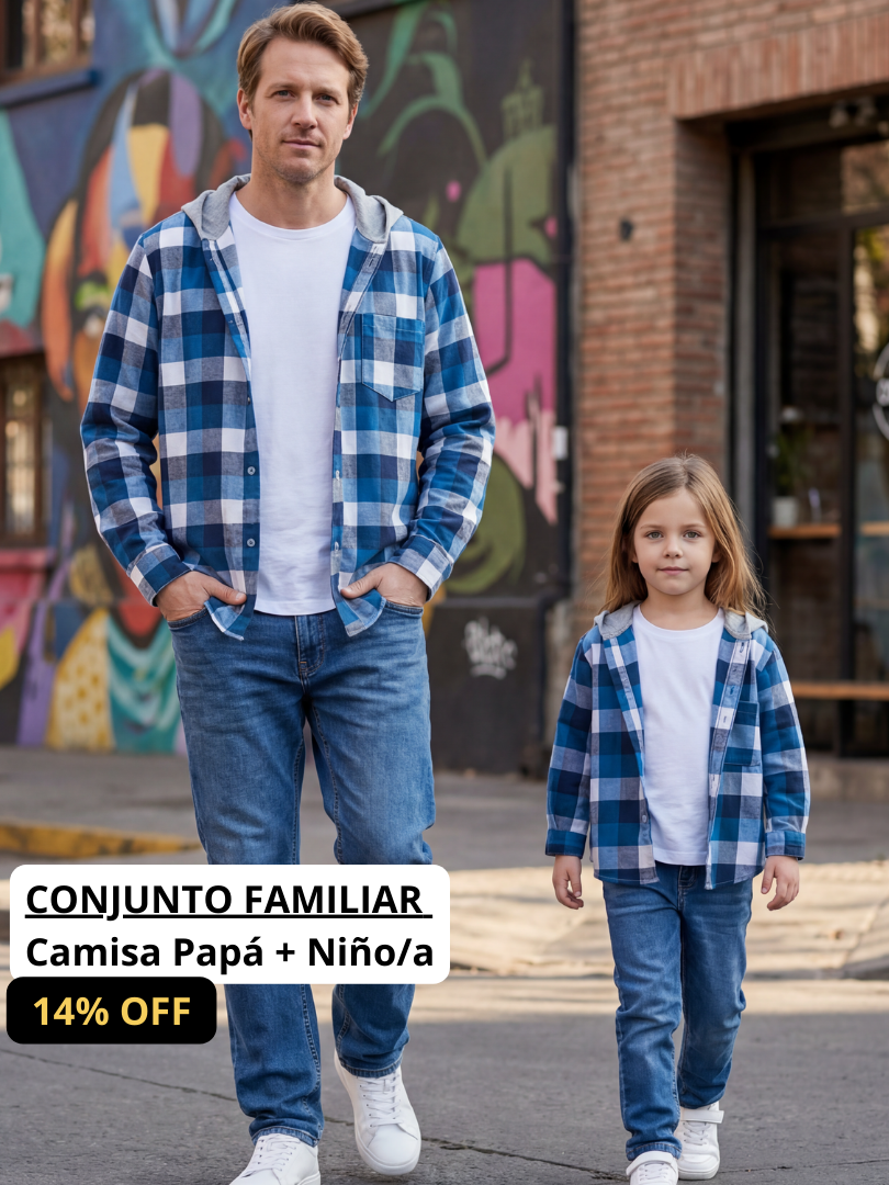 Pack 2 Camisas con capucha Papá + hijo/a cuadros azul con blanco