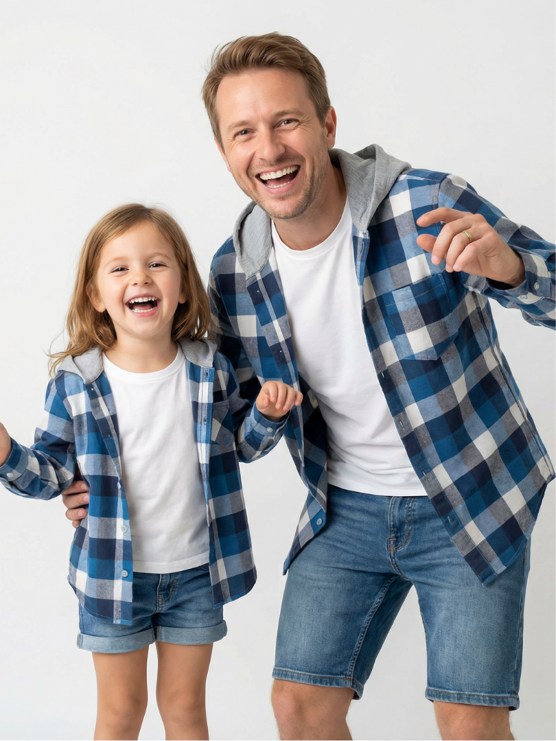 Pack 2 Camisas con capucha Papá + hijo/a cuadros azul con blanco