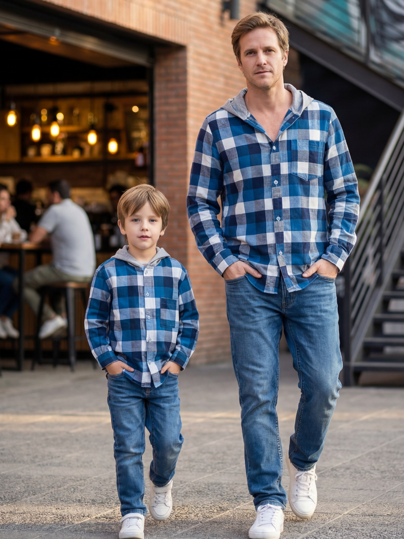 Pack 2 Camisas con capucha Papá + hijo/a cuadros azul con blanco