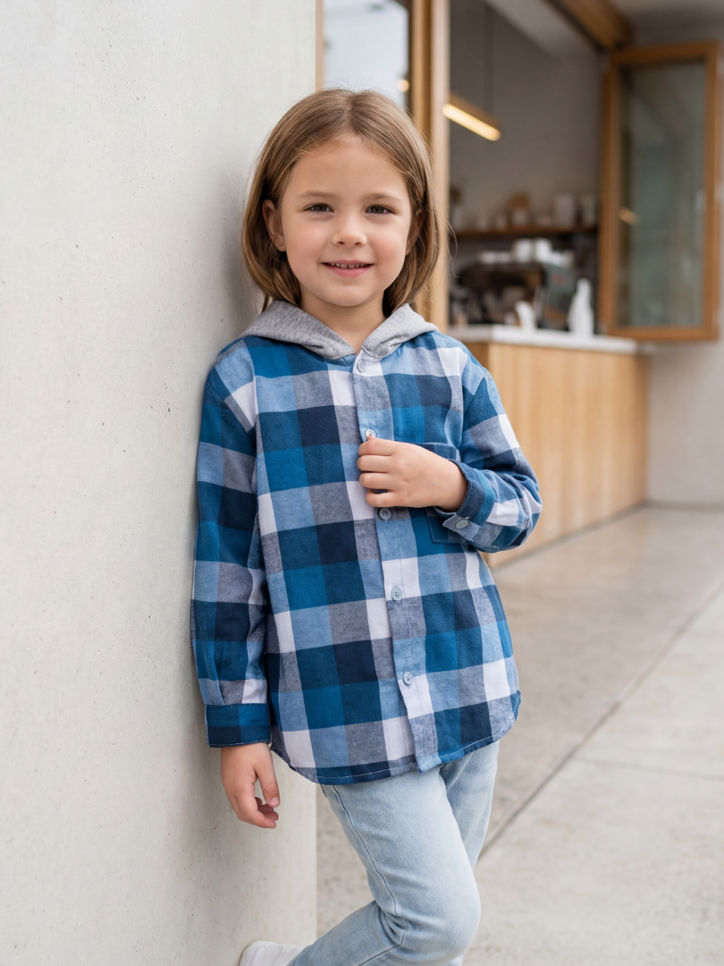 Camisa con capucha niño/a 100% algodón Franela cuadros azul con blanco