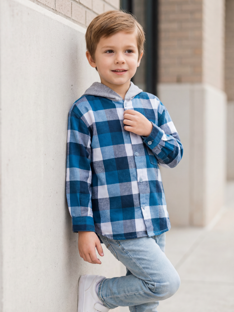 Camisa con capucha niño/a 100% algodón Franela cuadros azul con blanco