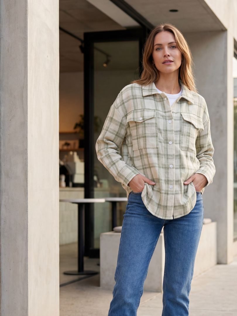 Camisera Mujer Rayas cuadrille Verde/Blanco | 100% Algodón