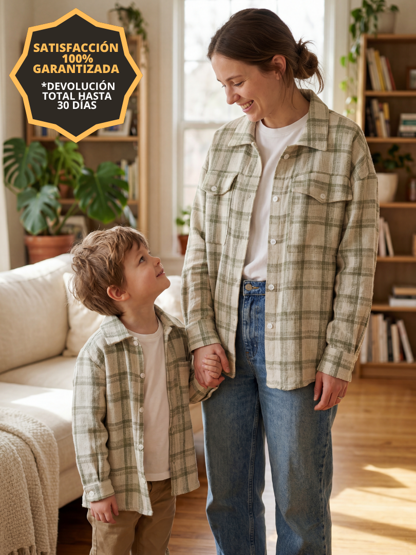 Pack 2 Camiseras Mamá + hijo/a | Cuadrillé Verde/blanco | 100% Algodón
